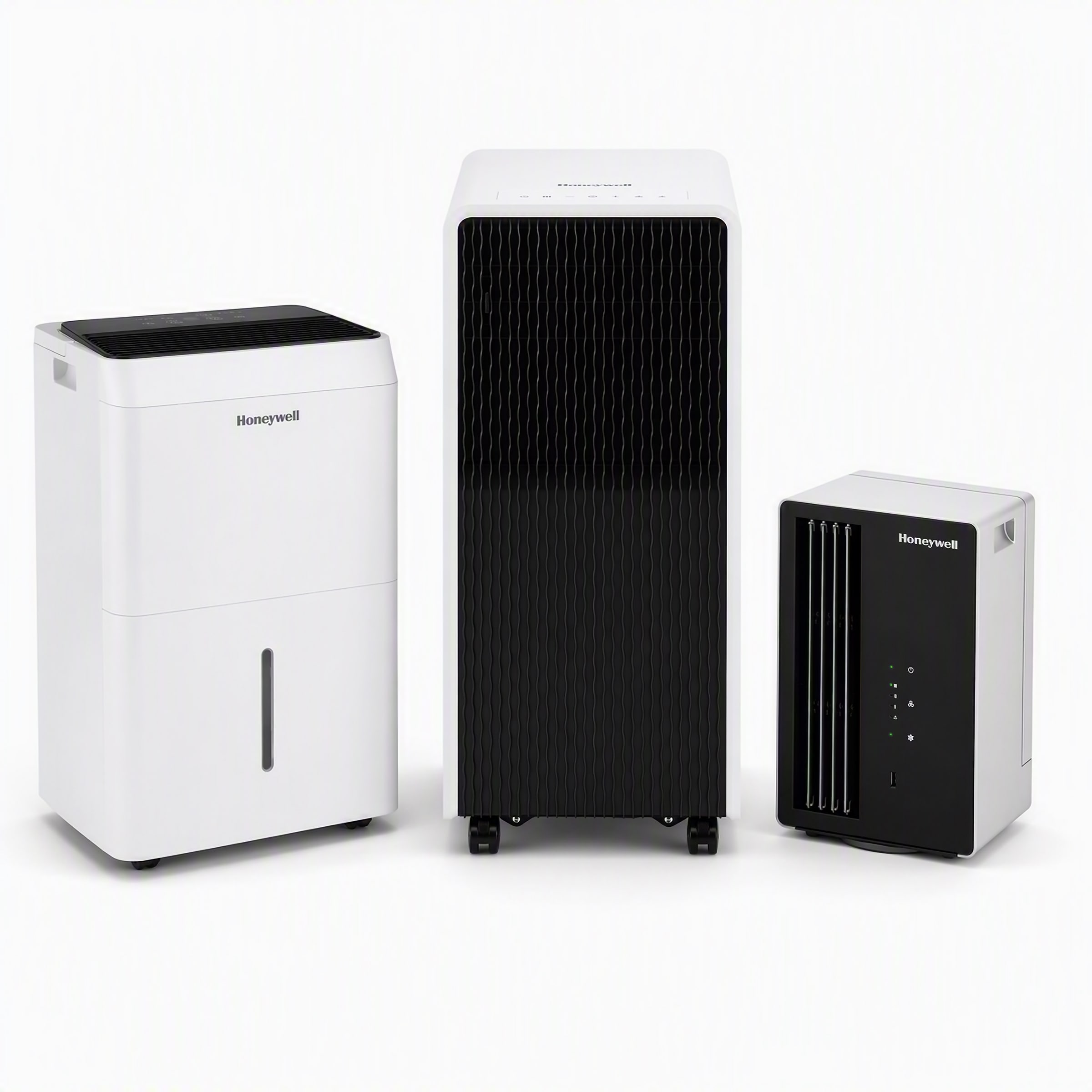 Honeywell dehumidifier, portable air conditioner and personal evaporative air cooler displayed together on a white background.