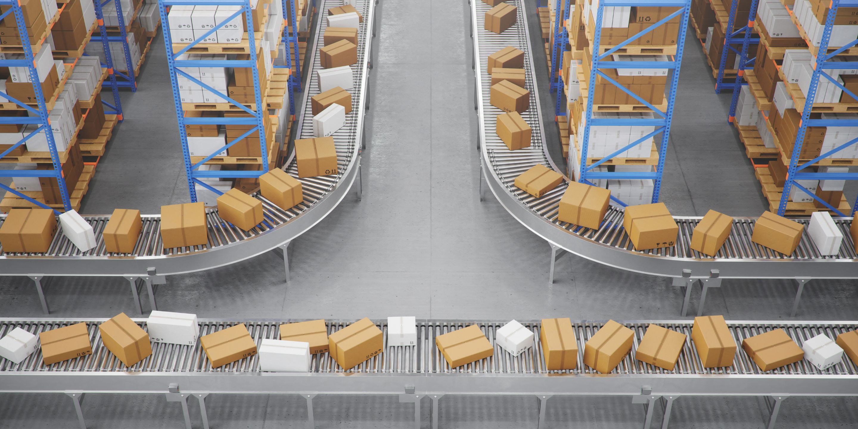 Boxes on conveyor belts in a warehouse.