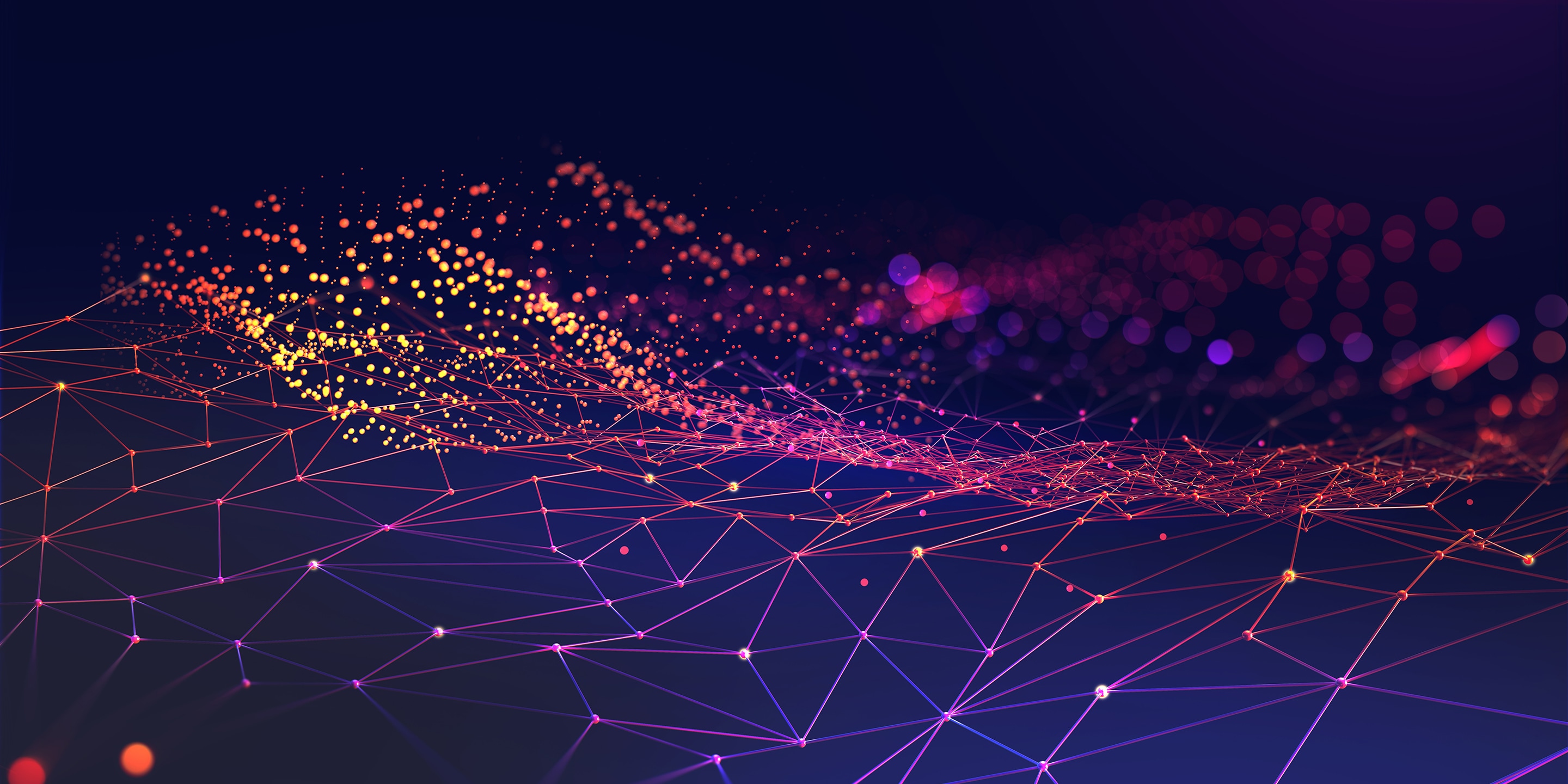 Neural network 3D illustration. Abstract Big data concept. Global database and artificial intelligence. Bright, colorful background with bokeh effect