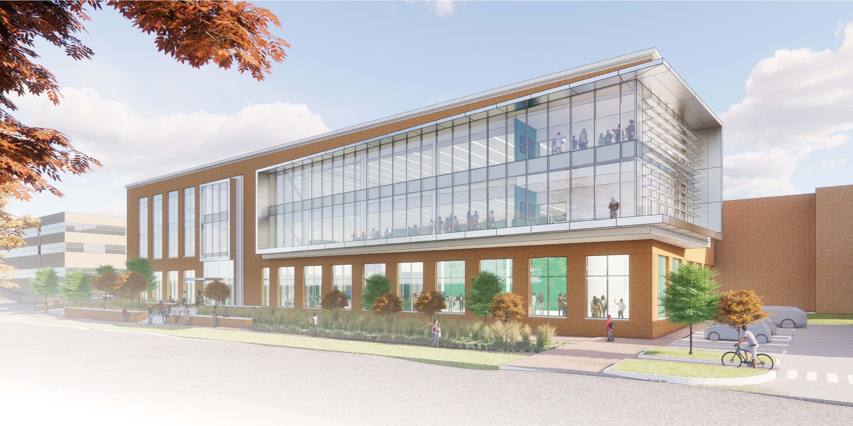 An artist's rendering of a contemporary educational building featuring large glass windows, landscaped surroundings, and people engaging in various activities.